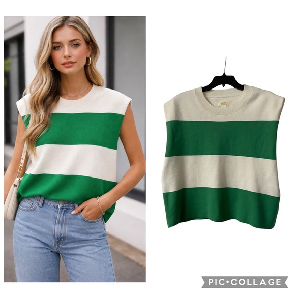 Anthropologie Sweaters - Anthropologie Maeve Green & Cream Striped Muscle Knit Sleeveless Tee Size 1X